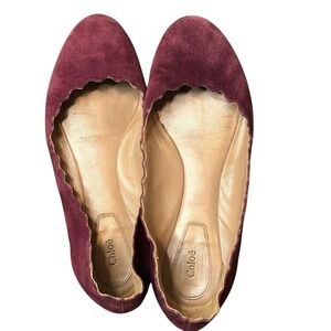 Chloe Lauren Scalloped Suede Ballet Flats Burgundy Plum Size 35.5 Made in Italy